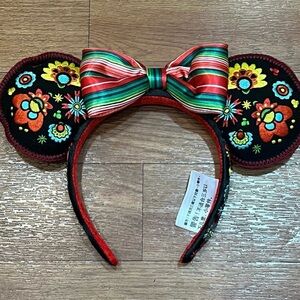 Disney Floral Minnie Mouse Ears with Striped Bow - Black and Red